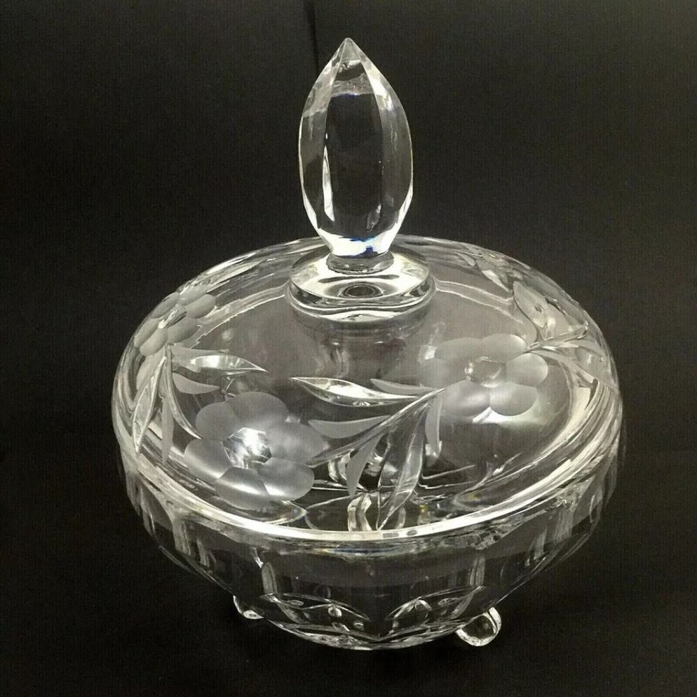 Czech Hand Cut Crystal Lidded Candy Dish Pedestal Bowl Etched Glass Lid VTG 60's